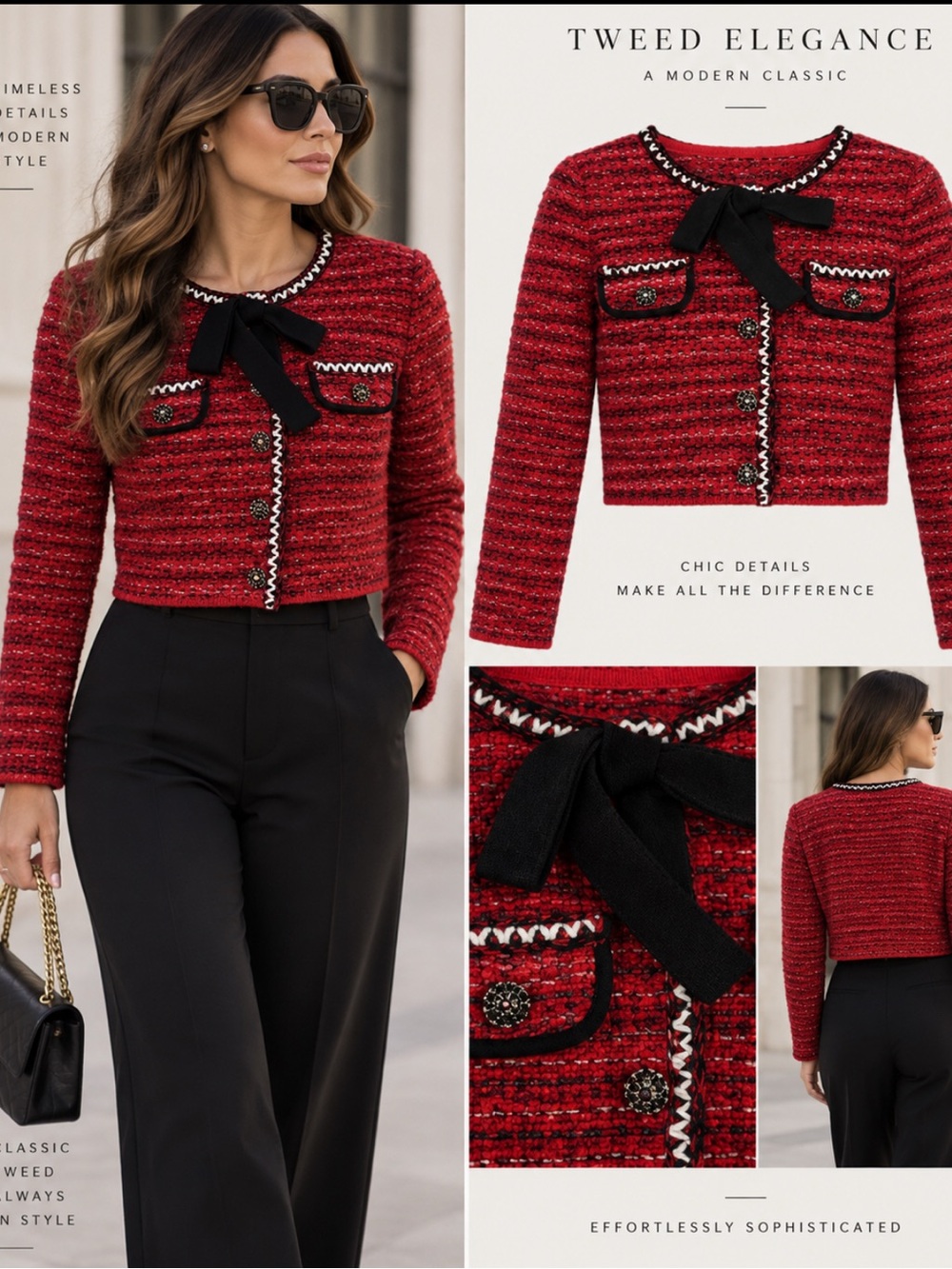Maje Red Tweed Cropped Blazer with Black Trim